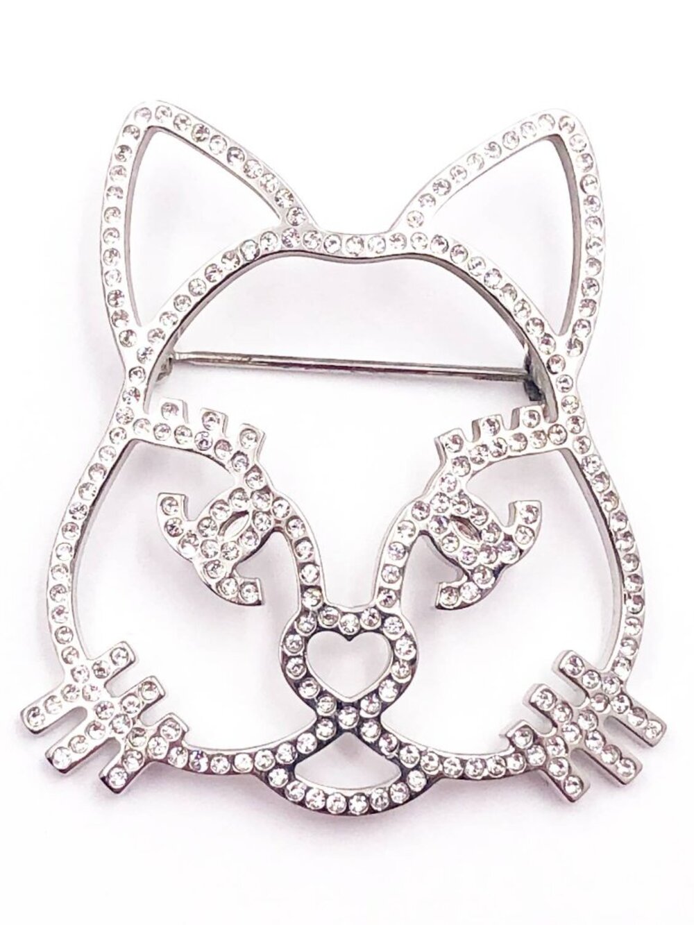 Chanel Silver Cat Round Square Princess Crystal Small Brooch